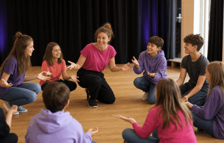 Młodzież podczas warsztatów teatralnych